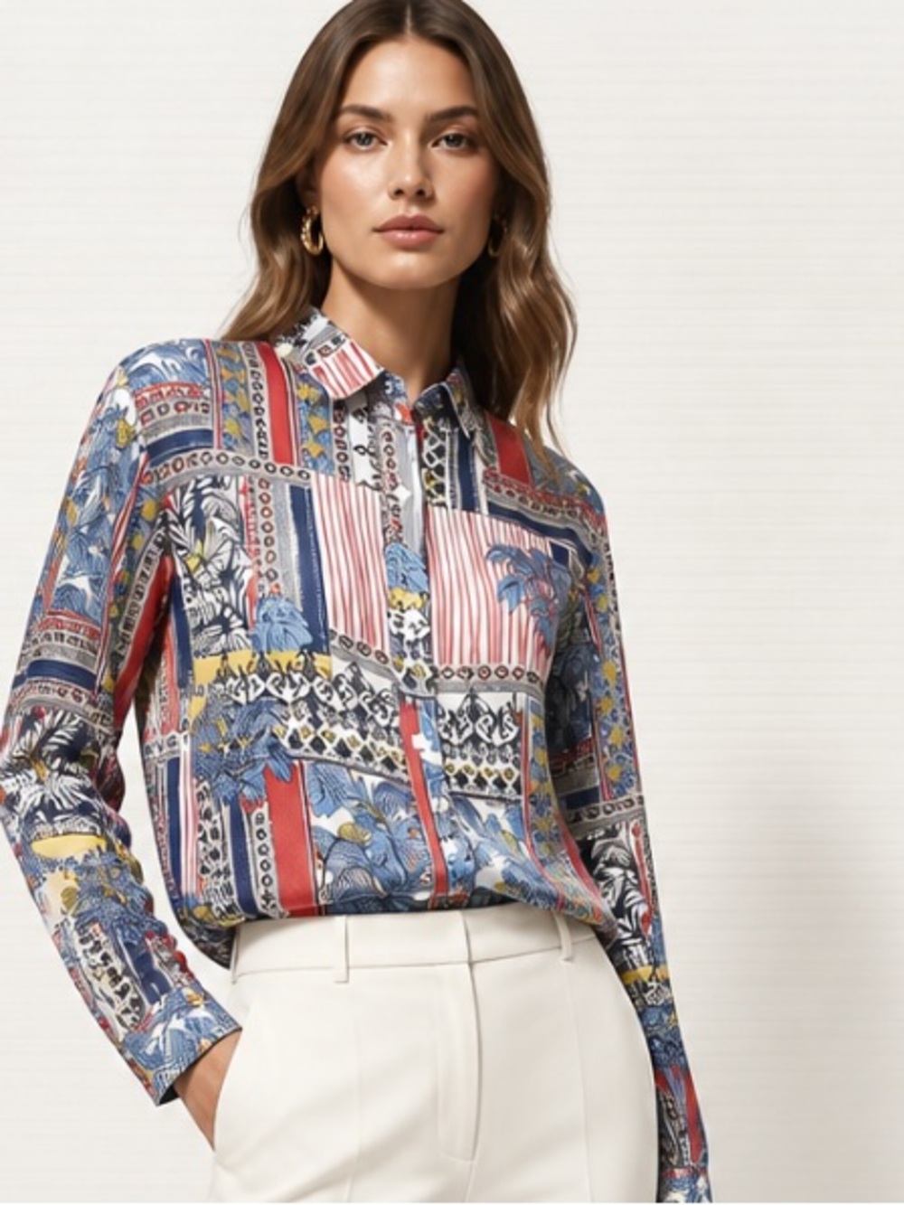 J MCLAUGHLIN Britt Linen Button Down Shirt Floral Striped Red Blue White XS